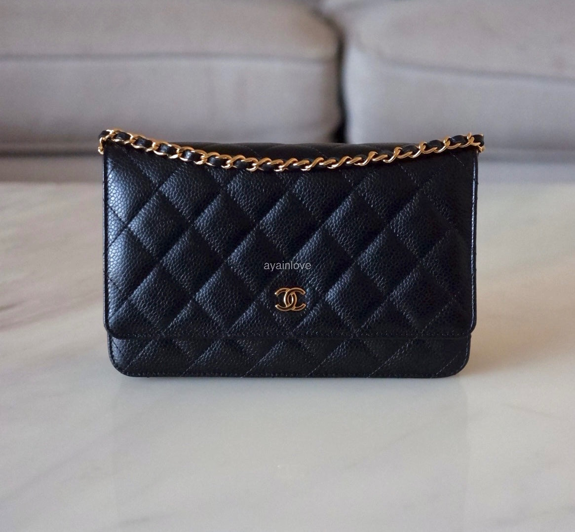 CHANEL Black Caviar Microchipped Classic Wallet On Chain Gold Hardware