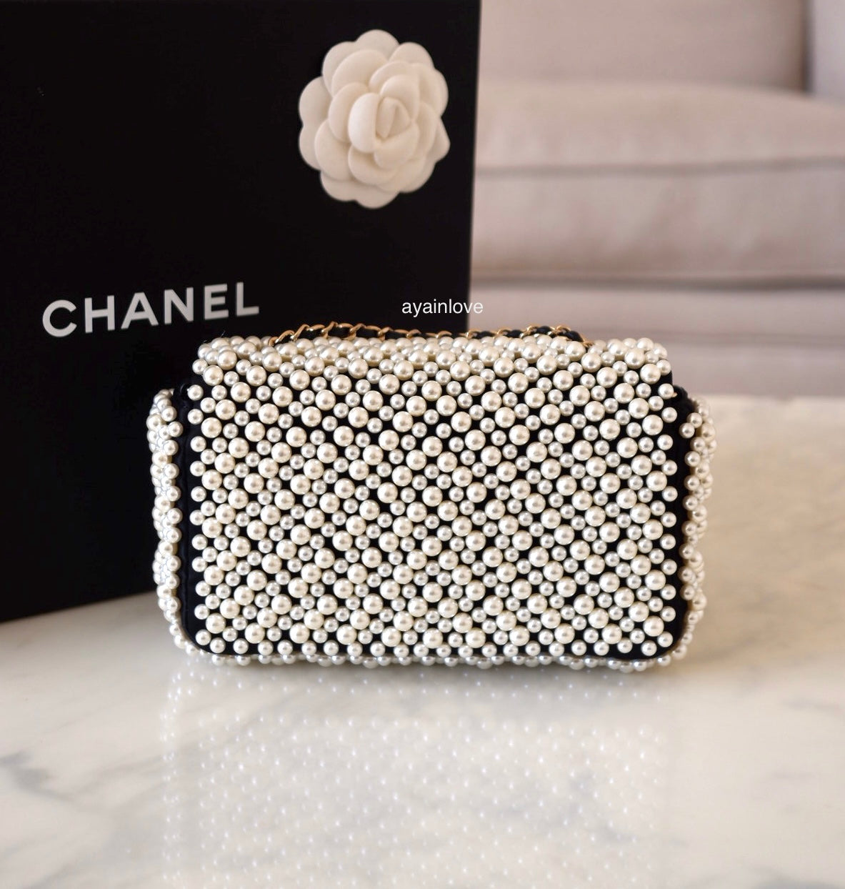 CHANEL 19S Pearl Mini Flap Bag Light Gold Hardware