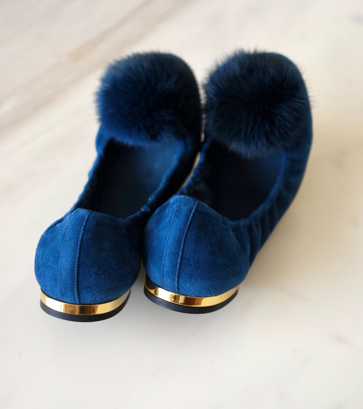 LOUIS VUITTON Blue Pompom Velvet Calfskin Flirty Ballet Flat Sz 38