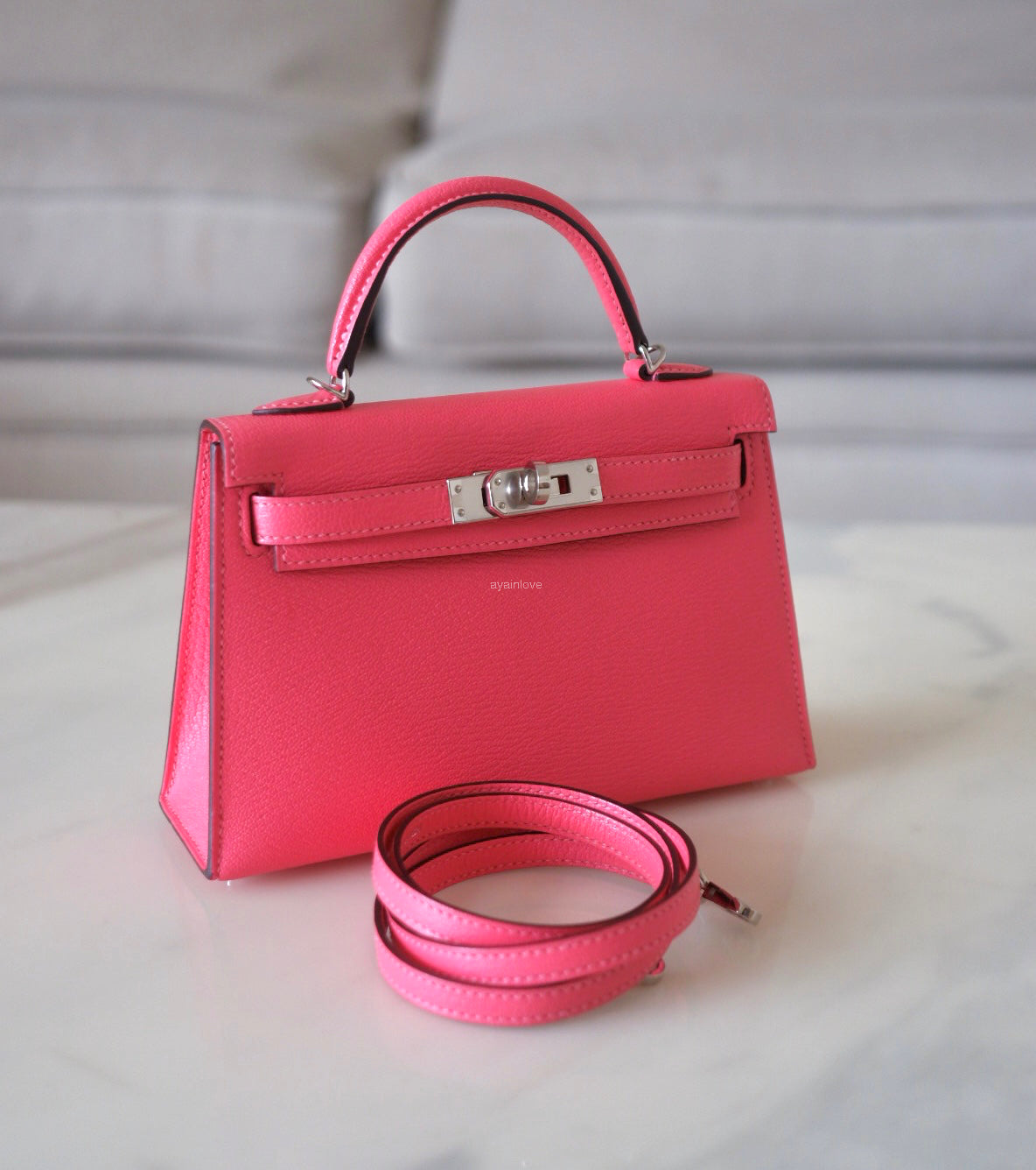 HERMES Mini Kelly 20 Pink Rose Lipstick Chèvre Mysore Palladium Hardware D Stamp