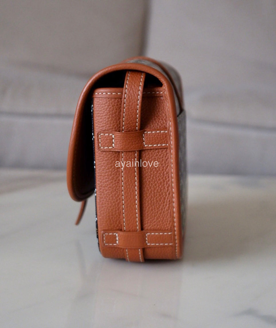 GOYARD Belvedere PM Goyardline Canvas/Calfskin Tan Black Messenger Bag Silver Hardware
