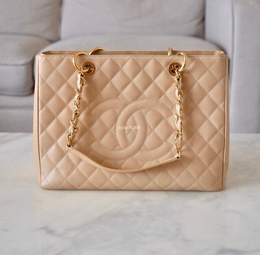 CHANEL Beige Clair Caviar Grand Shopping Tote Gold Hardware 2012
