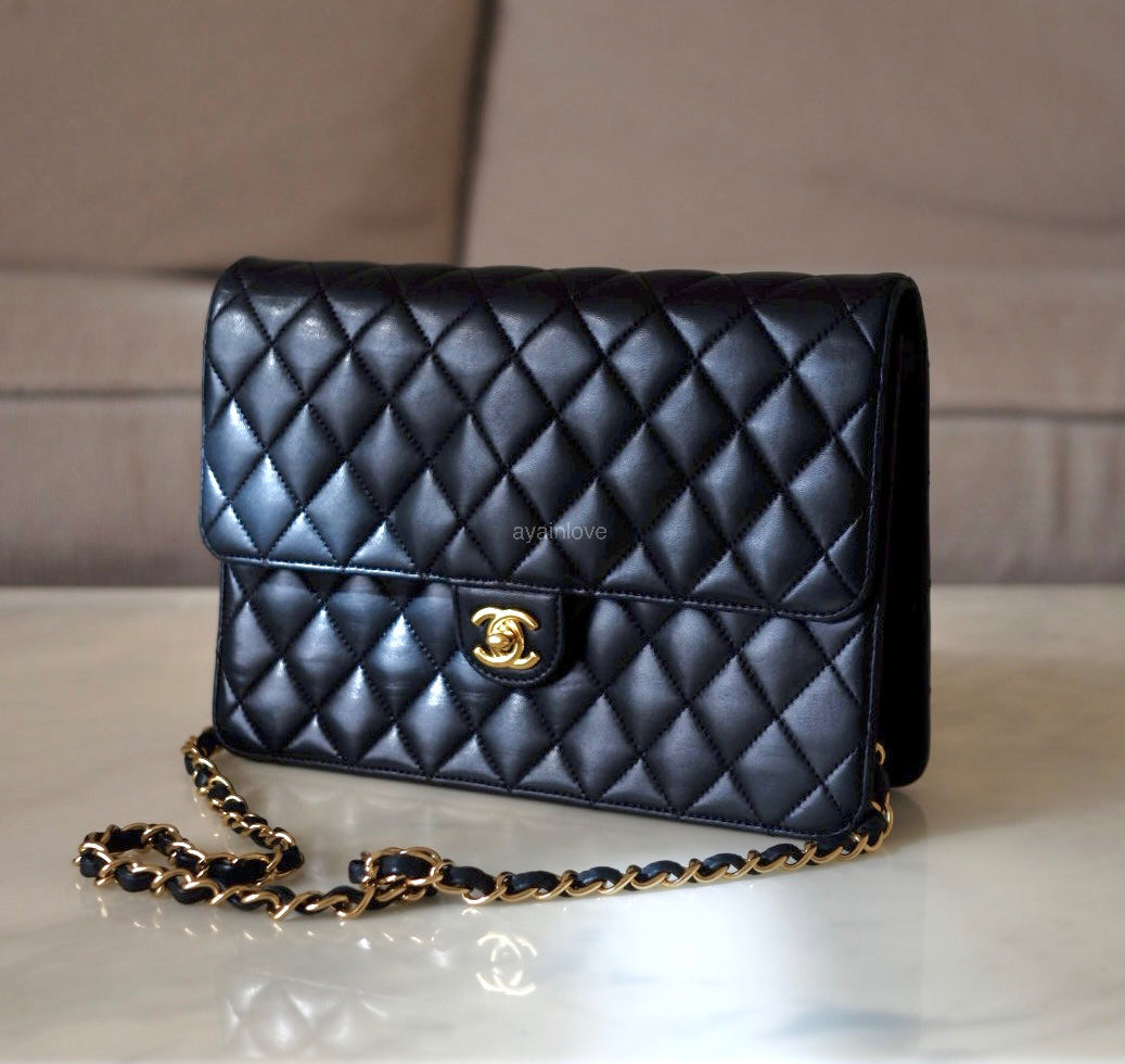 CHANEL Black Lambskin Turnlock Quilted Medium Half Flap Bag Gold Hardware