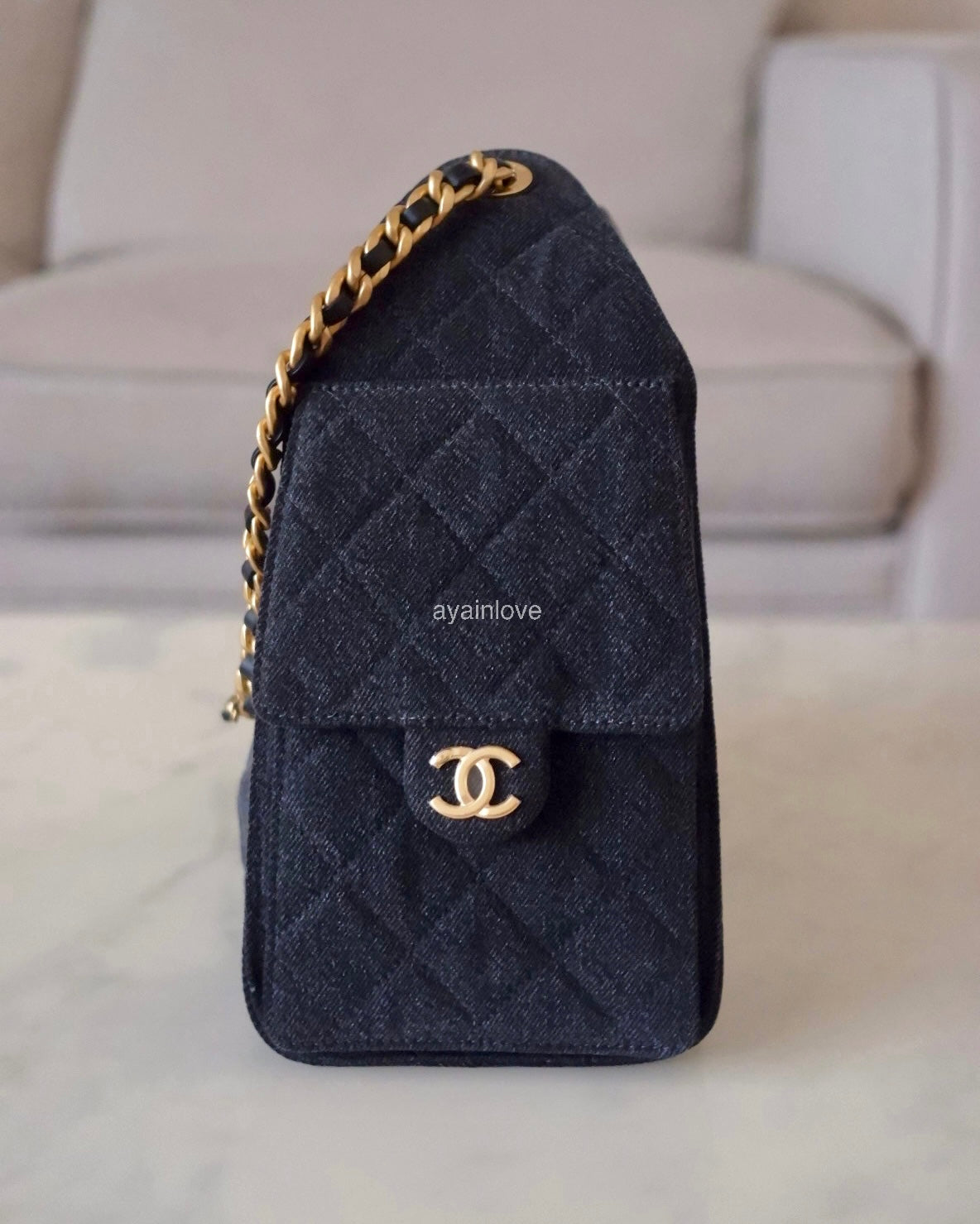 CHANEL 26P Black Washed Denim Small 25 Bag Gold Hardware
