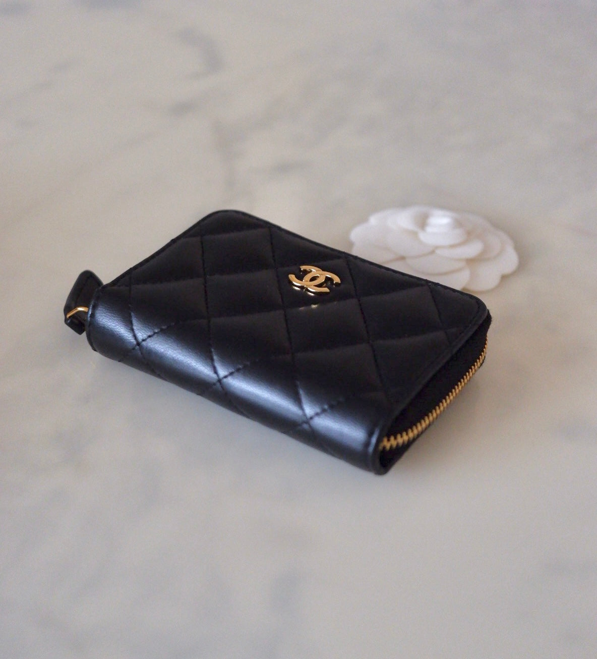 CHANEL Black Lamb Skin Zip Card Holder Gold Hardware
