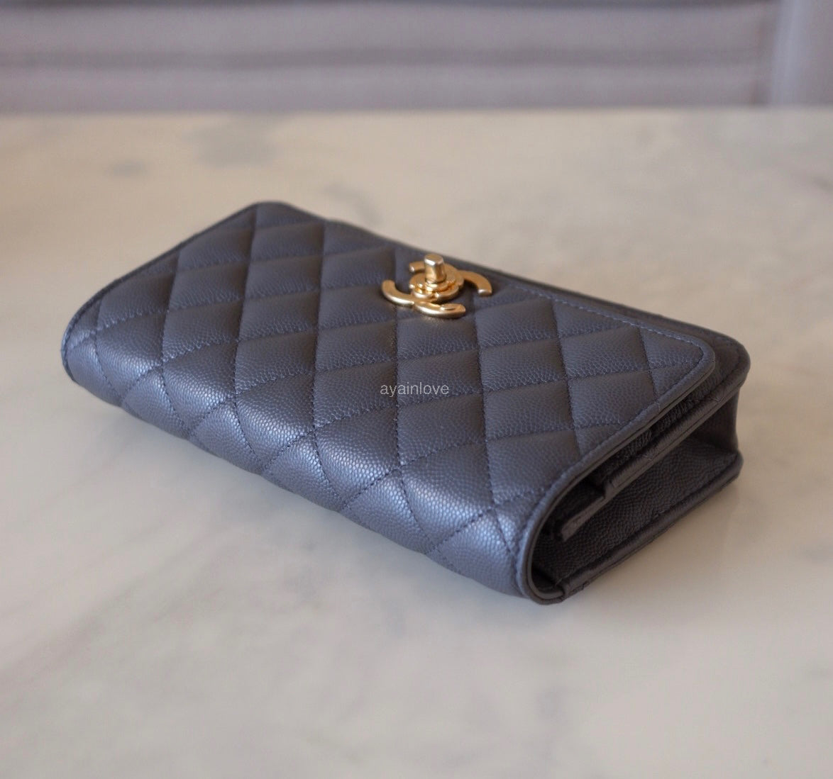 CHANEL 23K Dark Grey Caviar Camellia CC Wallet On Chain *Microchipped* Brushed Gold Hardware