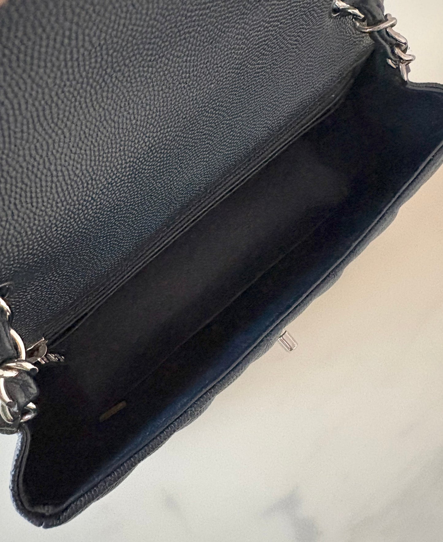 CHANEL 18B Navy Blue Caviar Quilted Rectangular Mini Flap Bag Silver Hardware