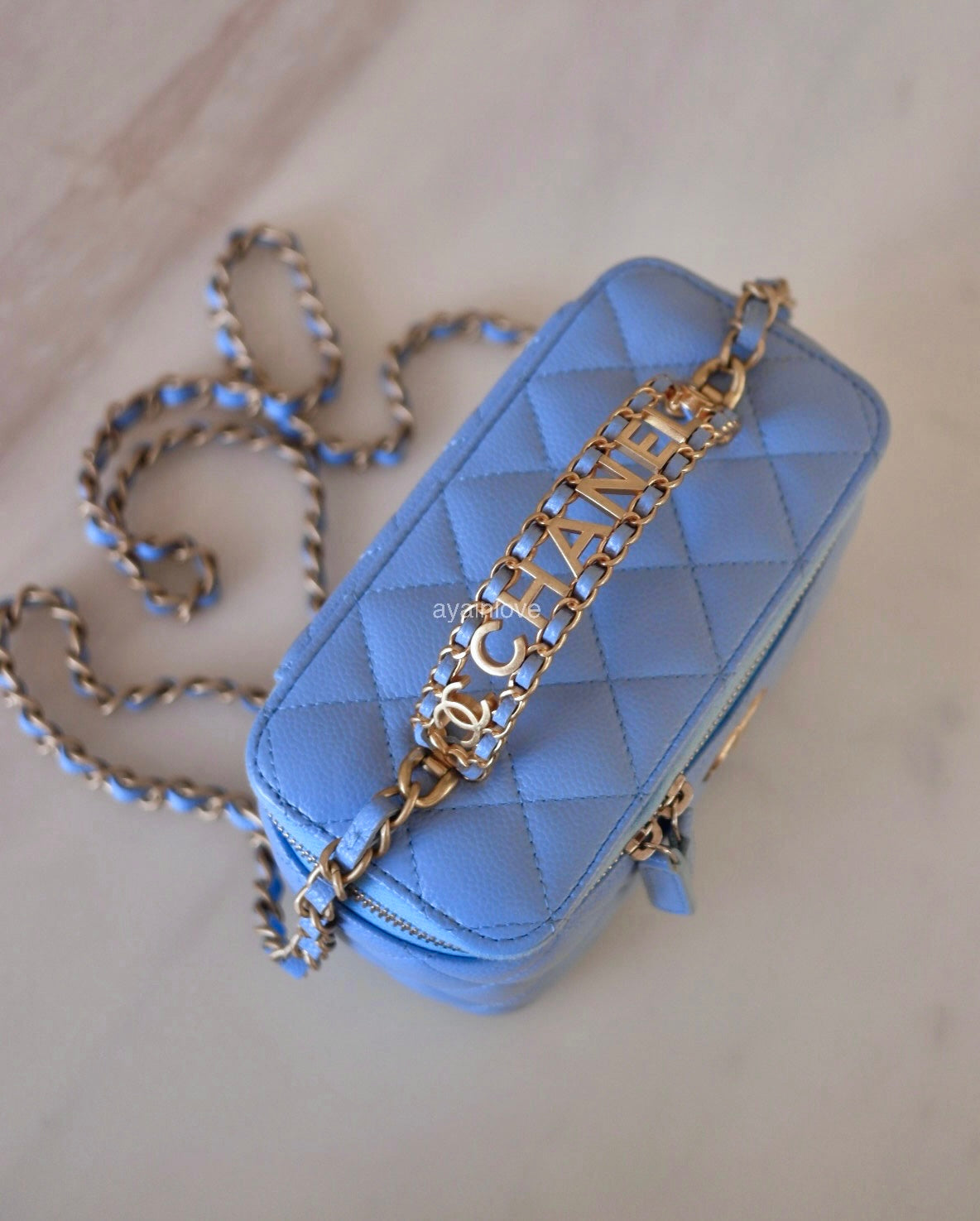 CHANEL 22S Pick Me Up Blue Caviar Top Handle Script Vanity Gold Hardware