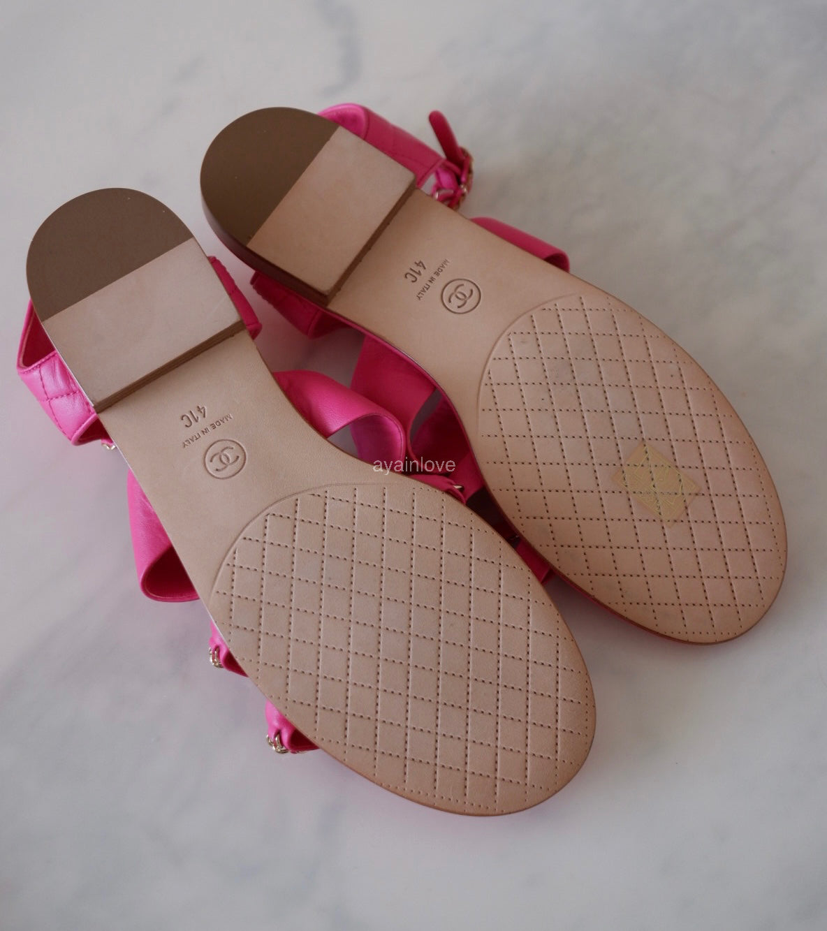 CHANEL 20C Fuchsia Pink Chain Lambskin Sandals CC Gold Hardware Size 41