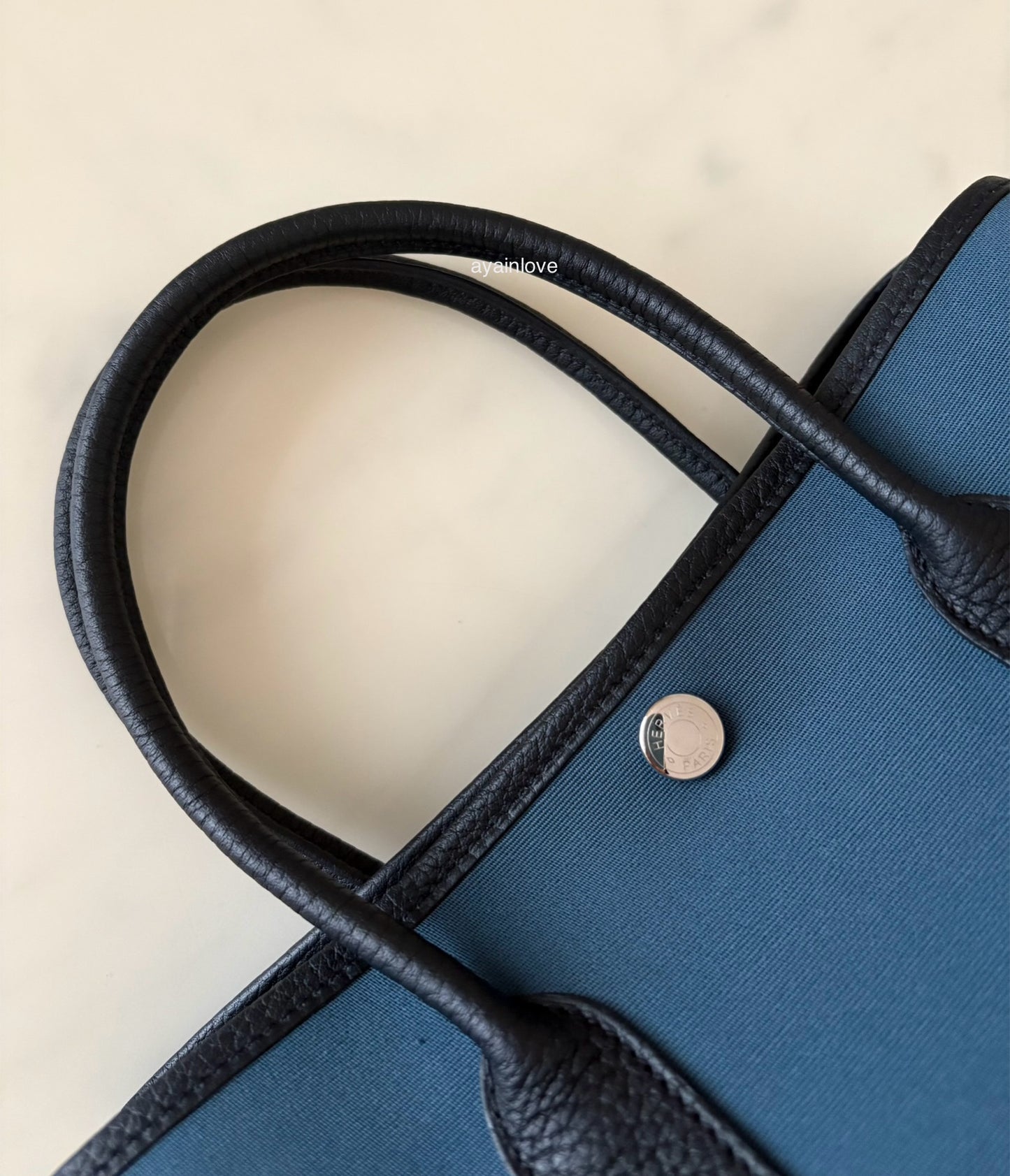 HERMES Garden Party 30 Canvas/Negonda Navy Blue/Black Bag Palladium Hardware W Stamp