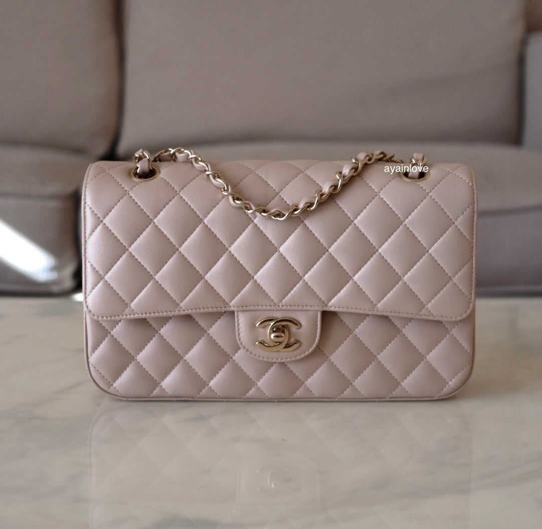 CHANEL 19S Iridescent Beige Lambskin Medium/Large Classic Flap Light Gold Hardware