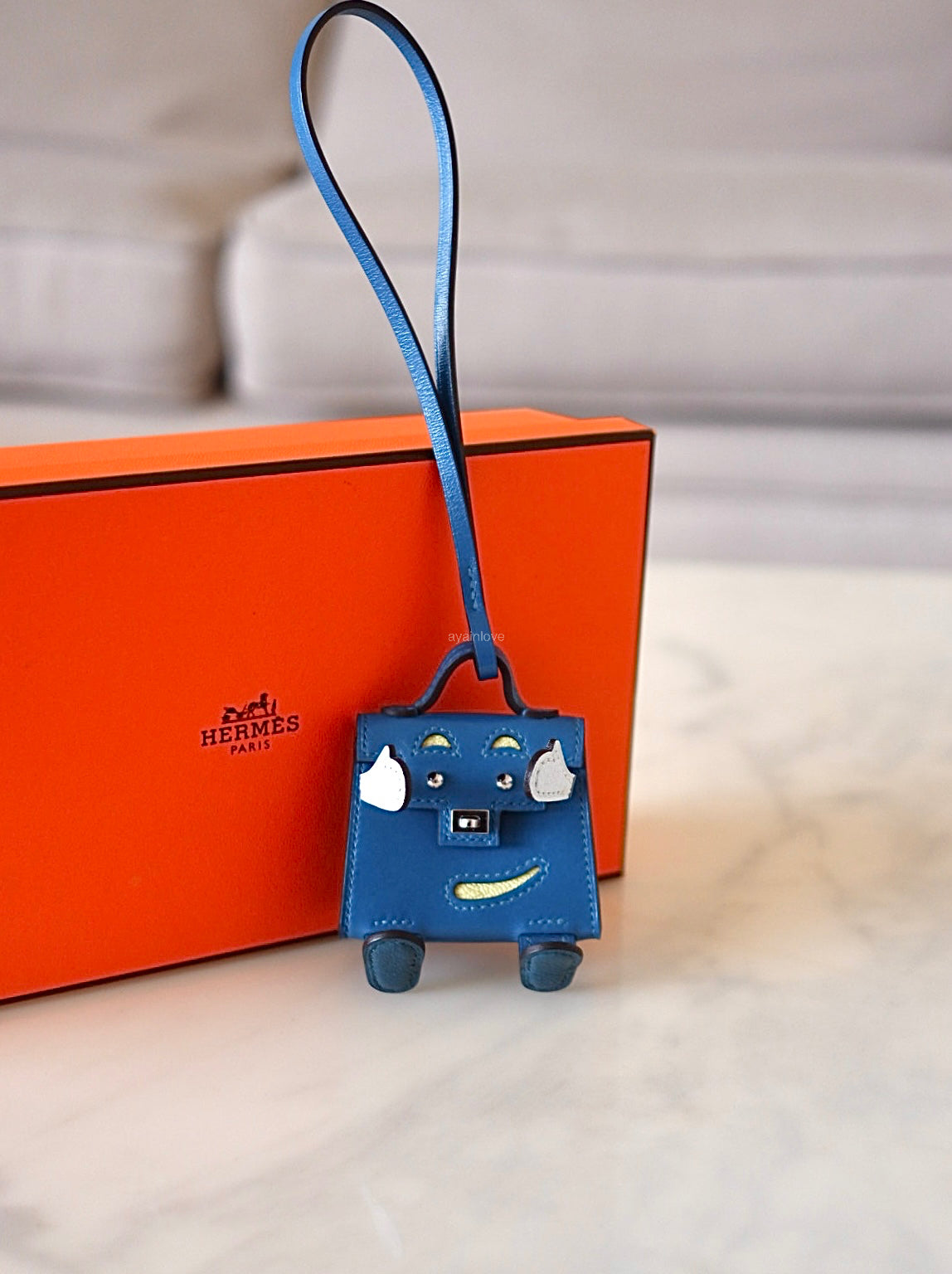 HERMES Kelly Doll Dole Tadelakt Bleu Izmir Bag Charm Palladium Hardware Z Stamp