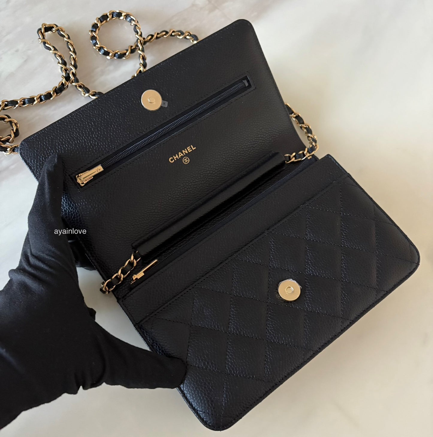 CHANEL Black Caviar Microchipped Classic Wallet On Chain Gold Hardware