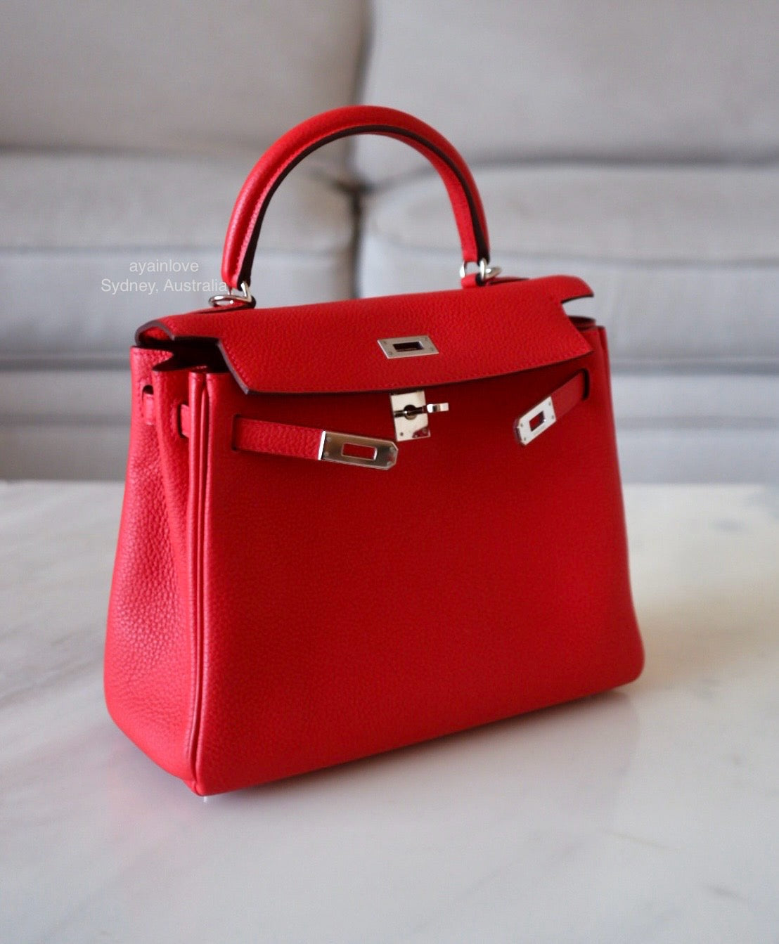 HERMES Kelly 25 Geranium Togo Retourne Palladium Hardware X Stamp