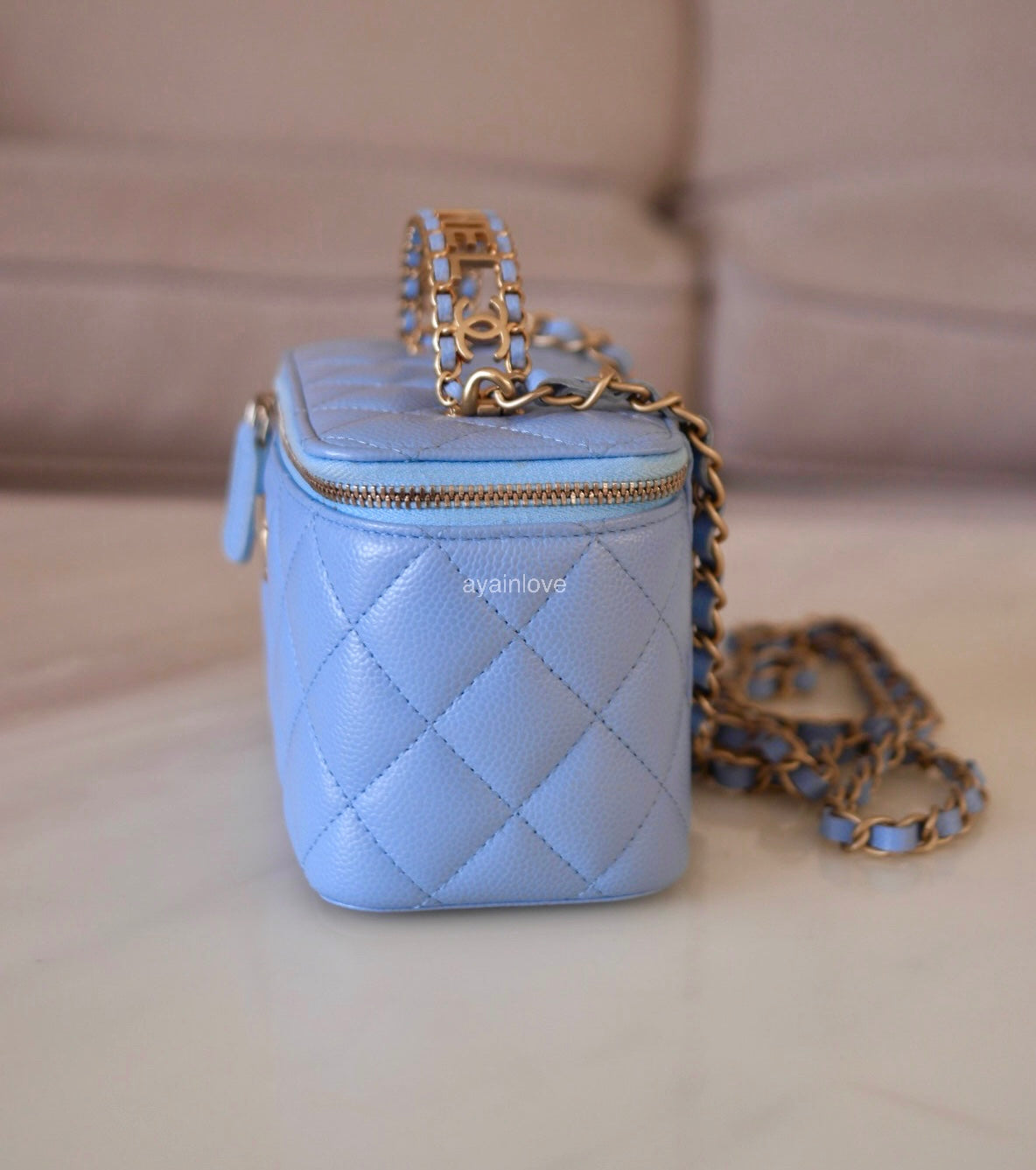 CHANEL 22S Pick Me Up Blue Caviar Top Handle Script Vanity Gold Hardware