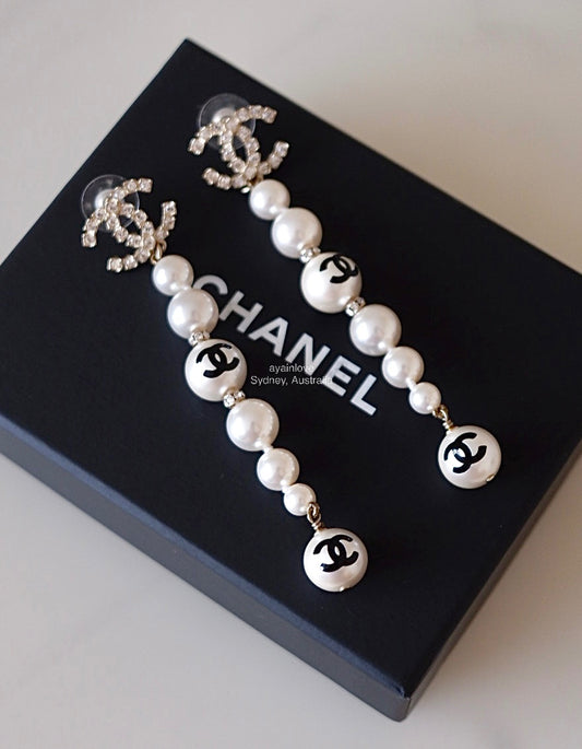 CHANEL 20P Pearl CC Crystal Drop Earrings Light Gold Hardware