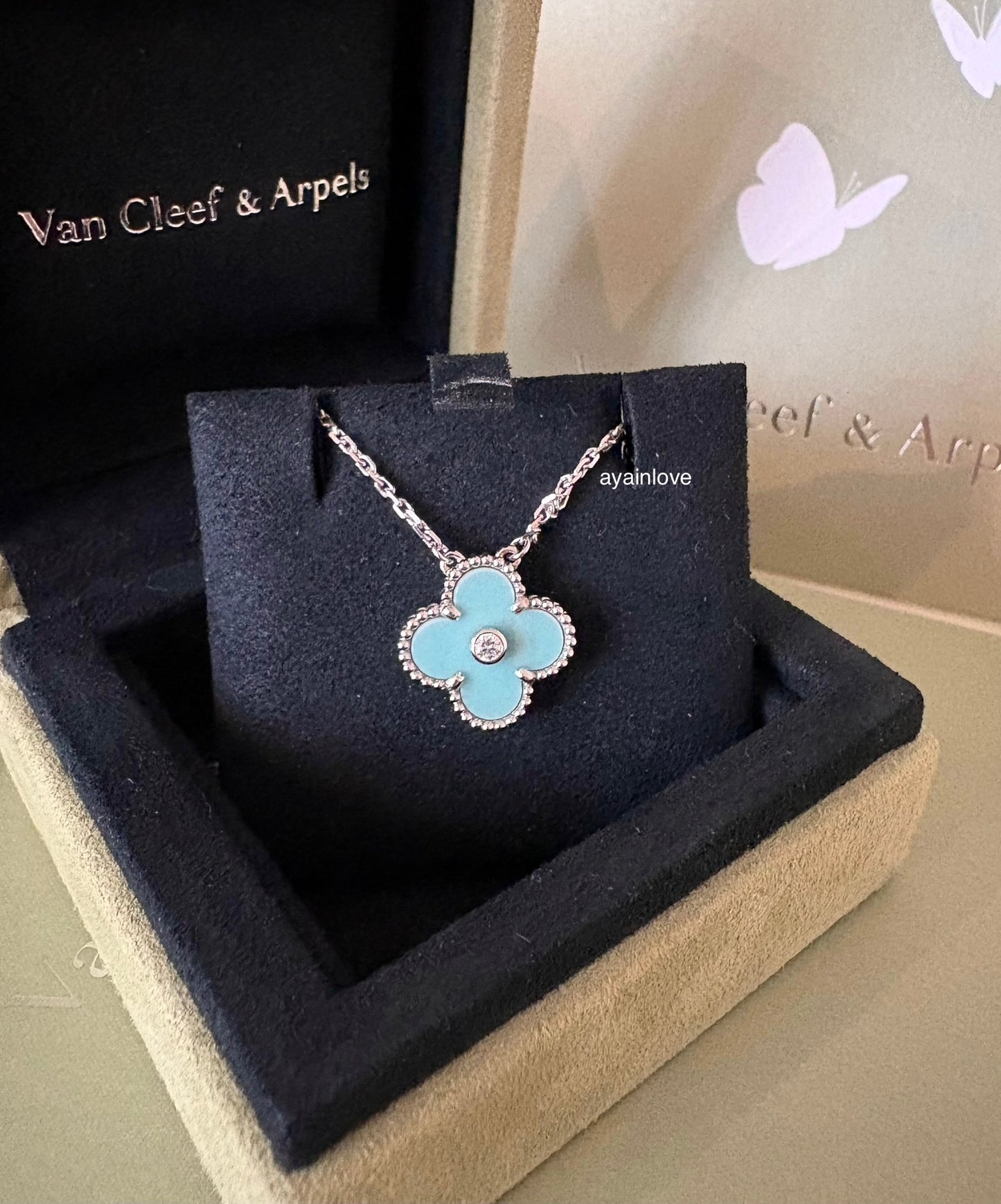 VAN CLEEF ARPELS VCA 18KT White Gold Limited 2022 Holiday Pendant Tiffany Blue Diamond Vintage Alhambra