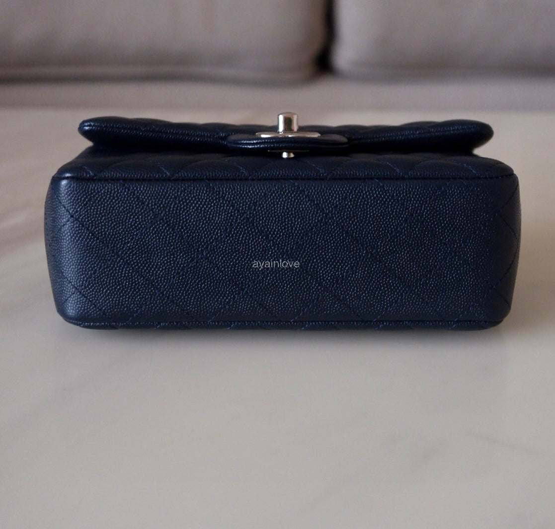 CHANEL 18B Navy Blue Caviar Quilted Rectangular Mini Flap Bag Silver Hardware