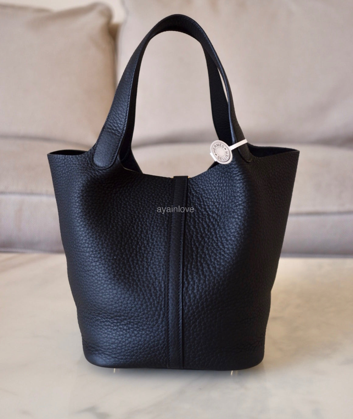 HERMES Picotin Lock 22 Black Noir Taurillion Clemence Gold Hardware K Stamp