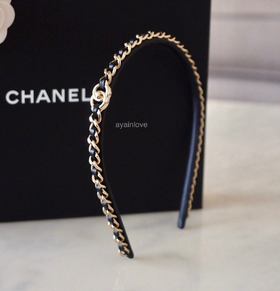 CHANEL Black Interlaced Chain Leather CC Turn Lock Logo Gold Hardware Headband Bandeau