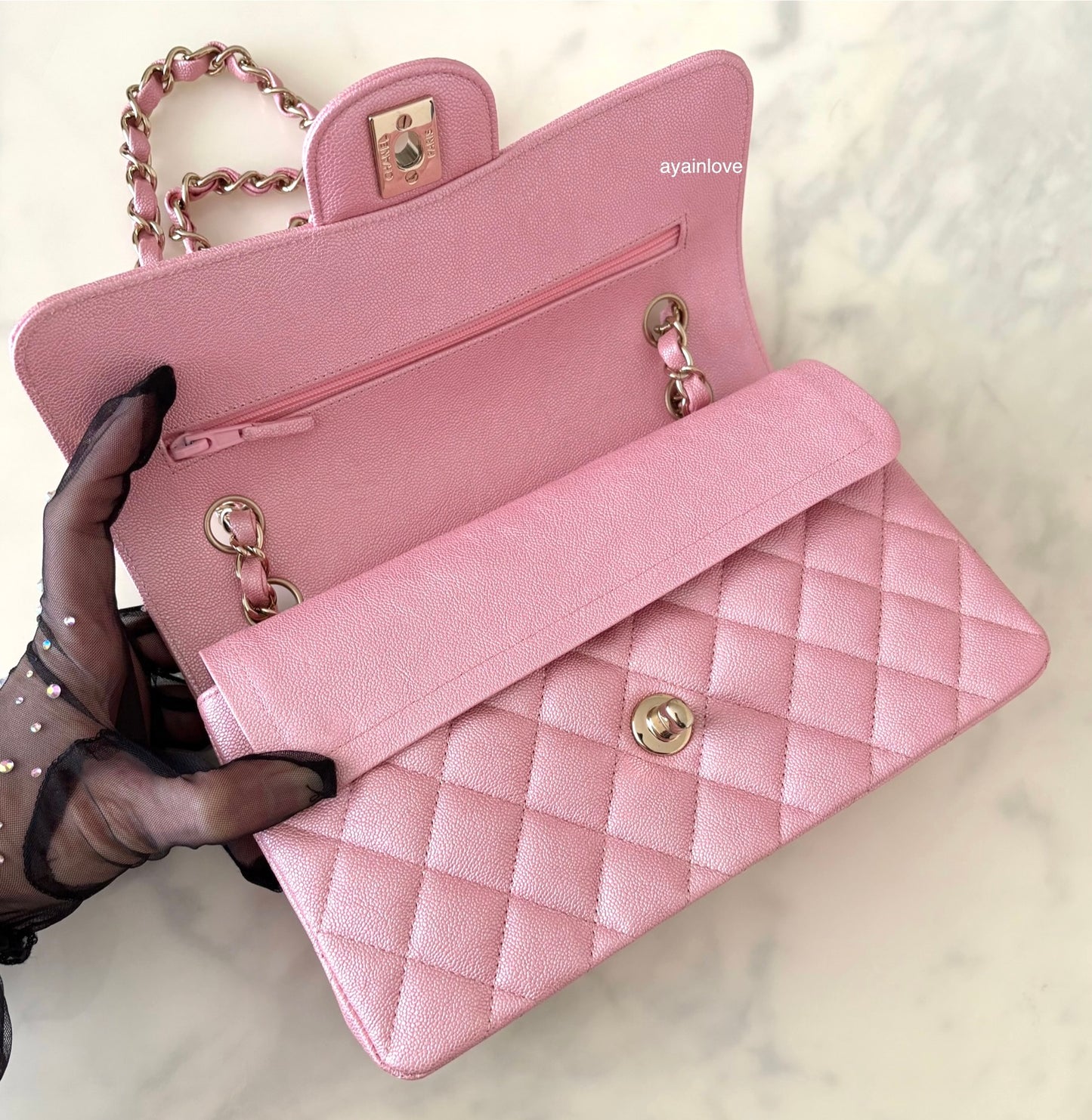 CHANEL 19S Iridescent Pink Caviar Small Classic Flap Light Gold Hardware