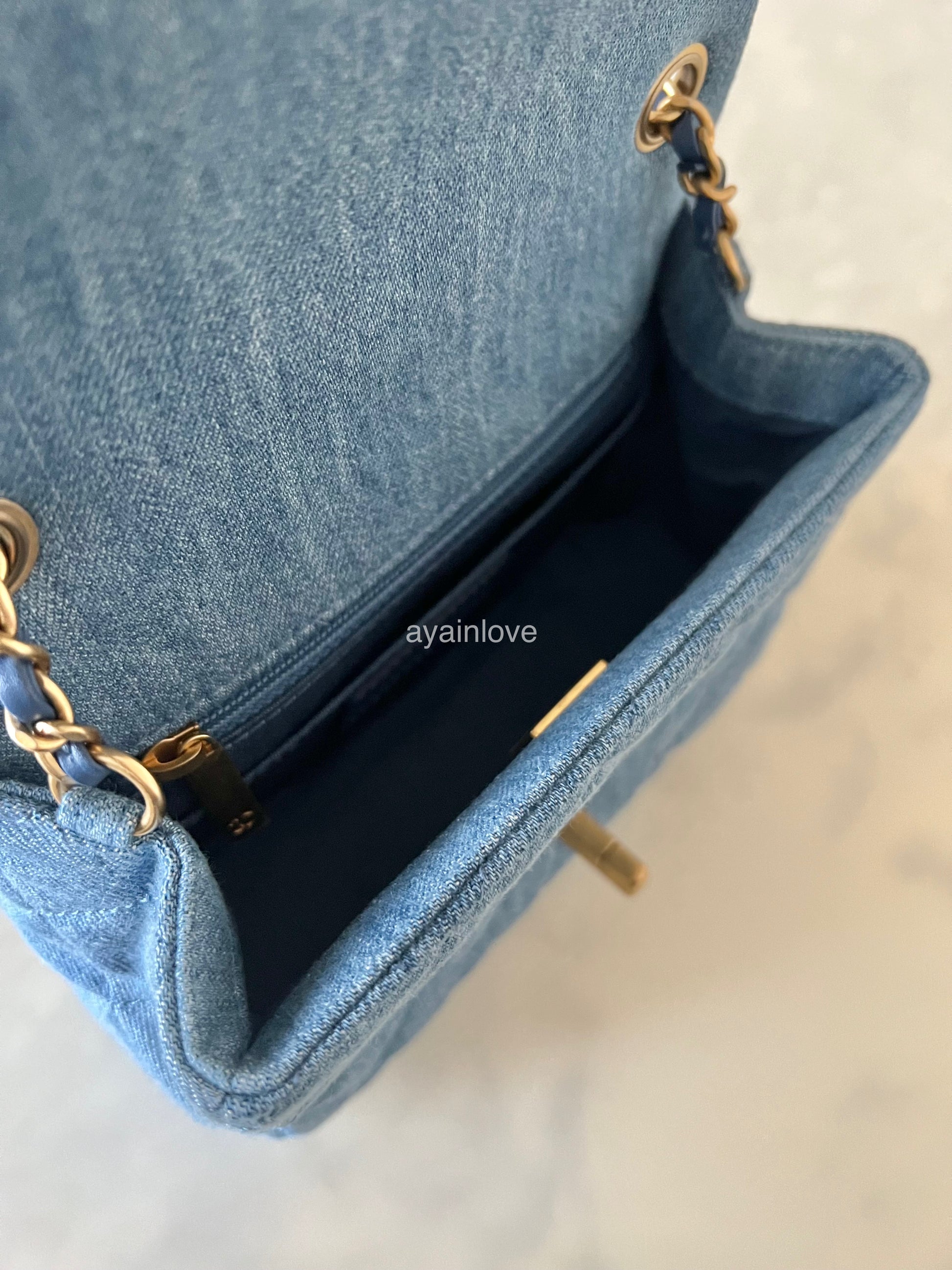 CHANEL 22C Blue Denim Pearl Crush Square Mini Flap Bag Gold