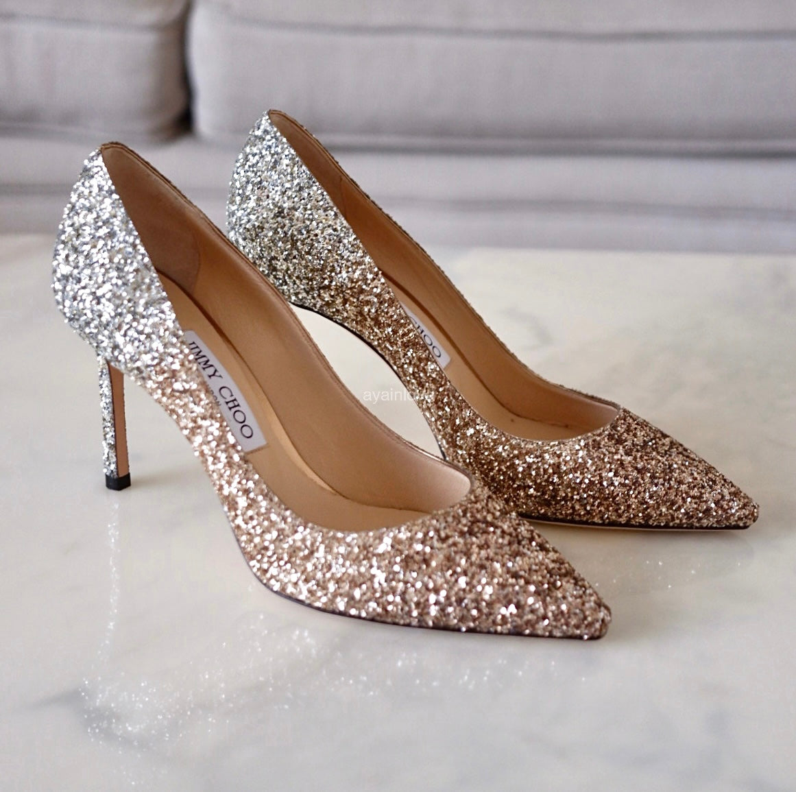 JIMMY CHOO Romy Triple Glitter Degradation Rose Gold, Gold and Silver Pumps Heel Shoes Size 37.5
