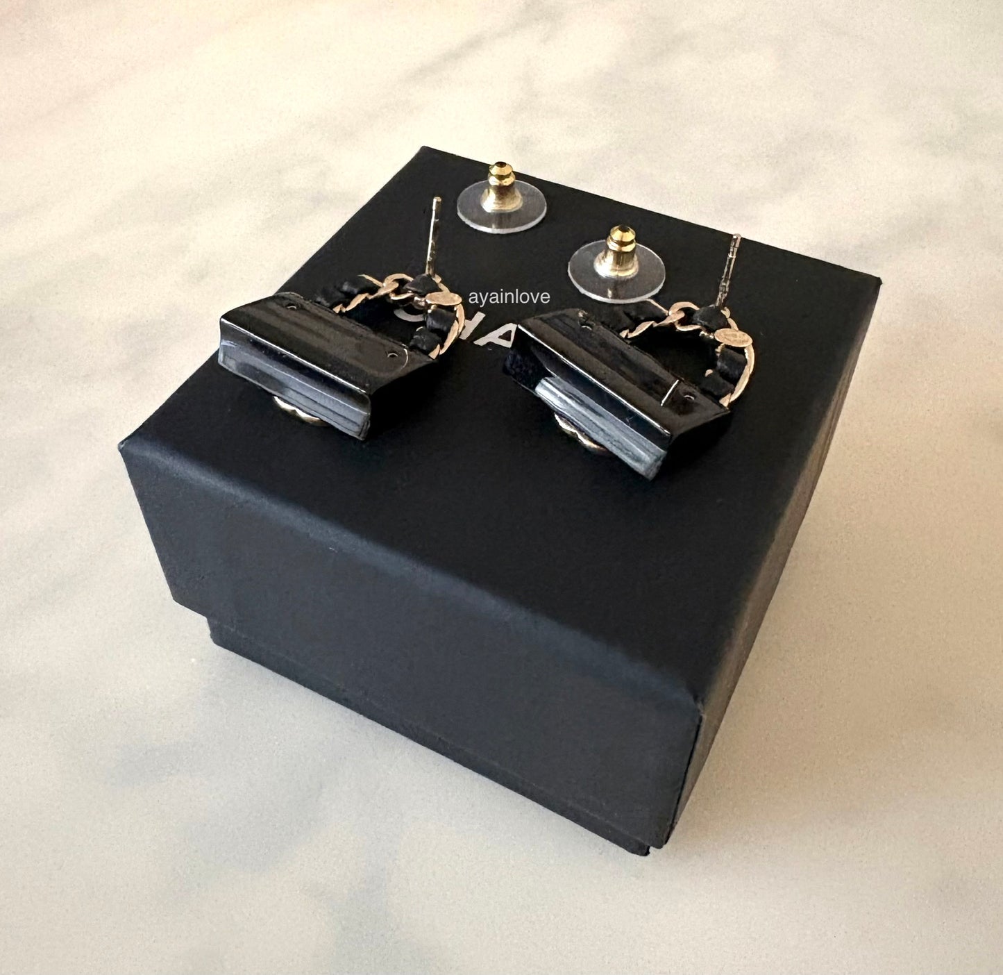 CHANEL 23C Black Classic Flap Handbag Stud Earrings Gold Hardware