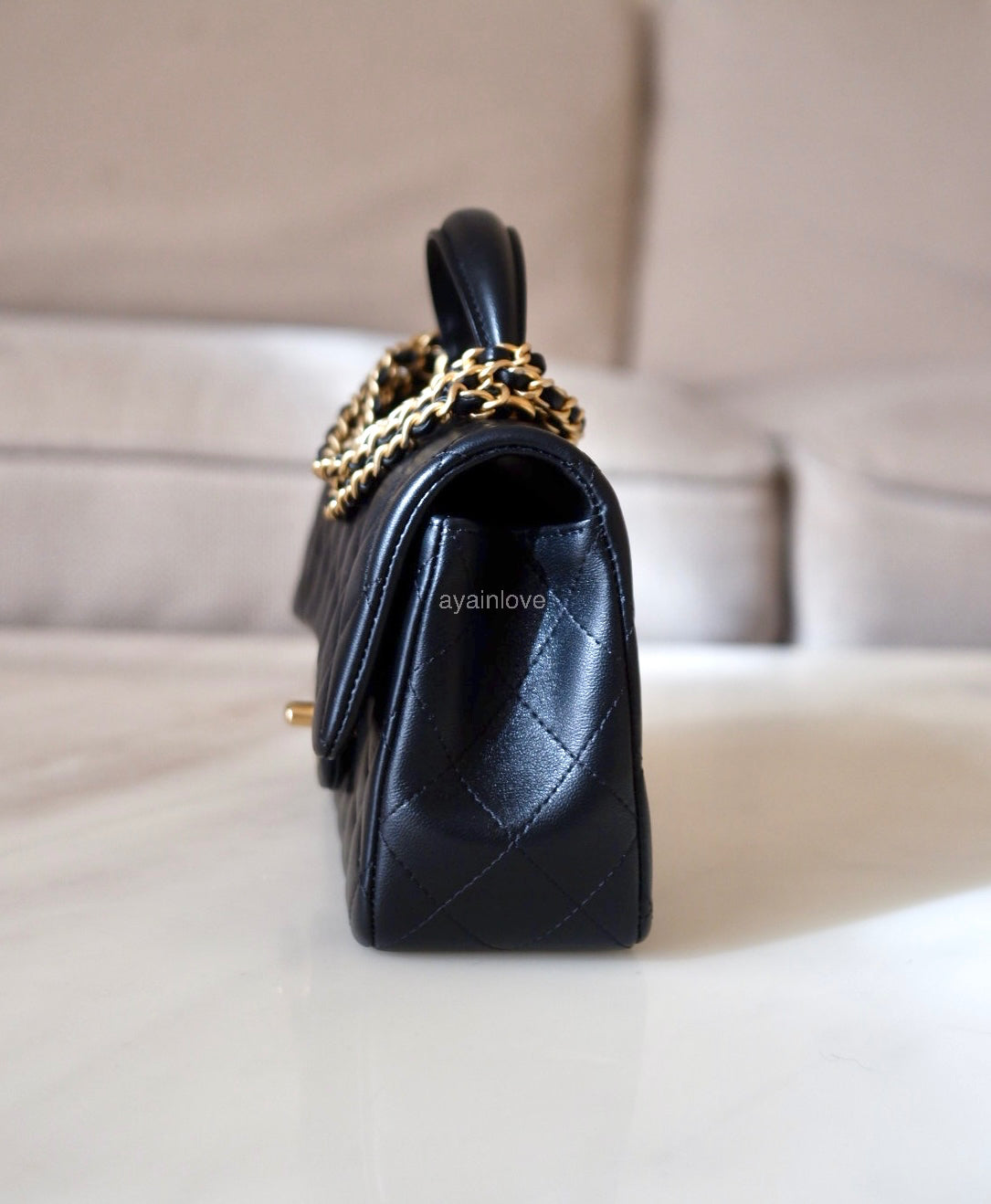 CHANEL Black Lambskin Top Handle Rectangular Mini Gold Hardware