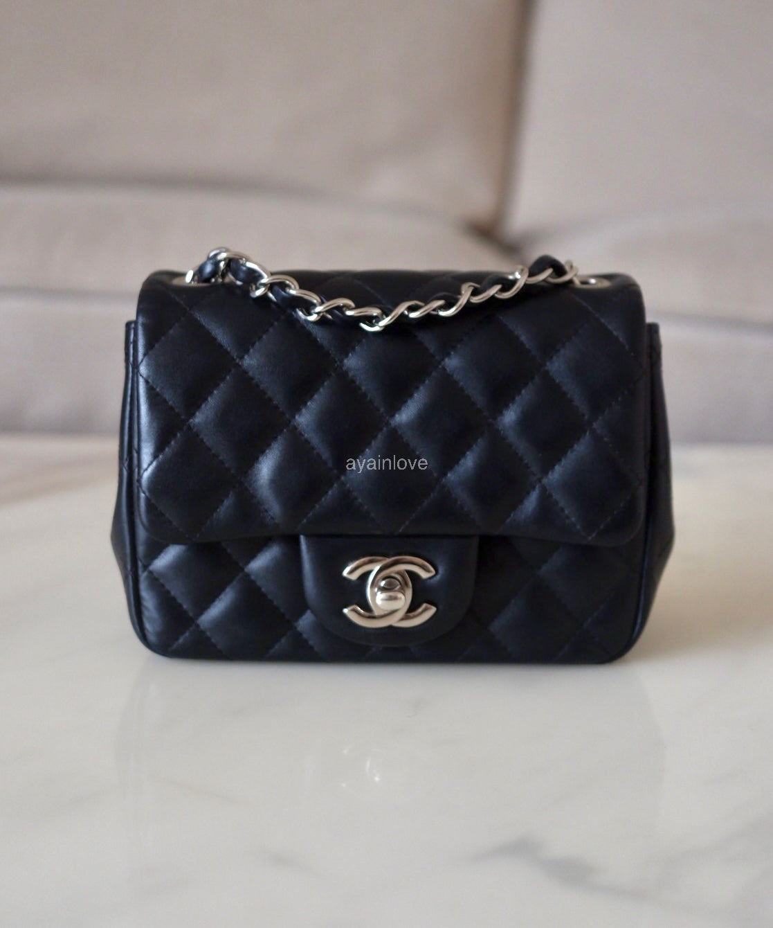 CHANEL Black Classic Quilted Square Mini Flap Bag Silver Hardware