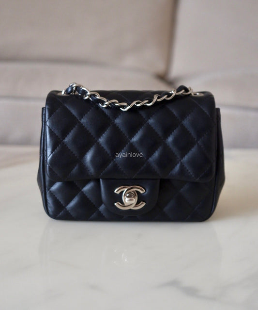 CHANEL Black Classic Quilted Square Mini Flap Bag Silver Hardware