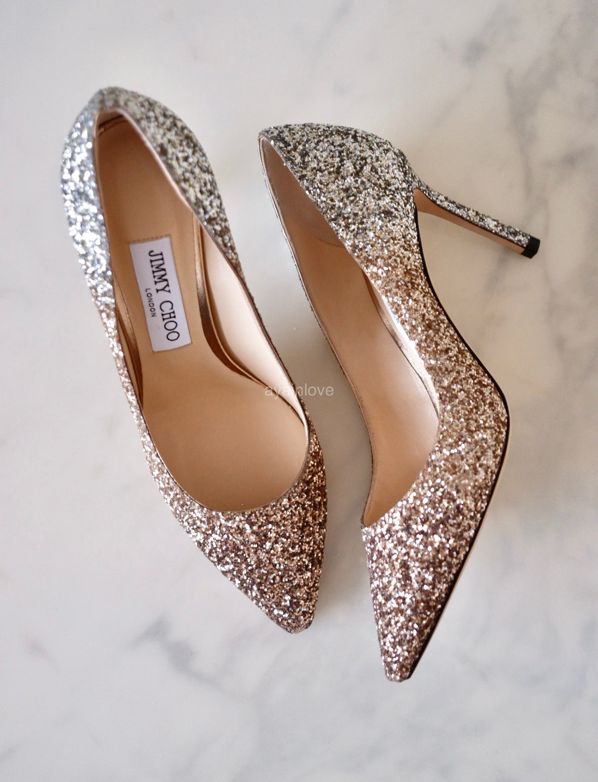 JIMMY CHOO Romy Triple Glitter Degradation Rose Gold, Gold and Silver Pumps Heel Shoes Size 37.5
