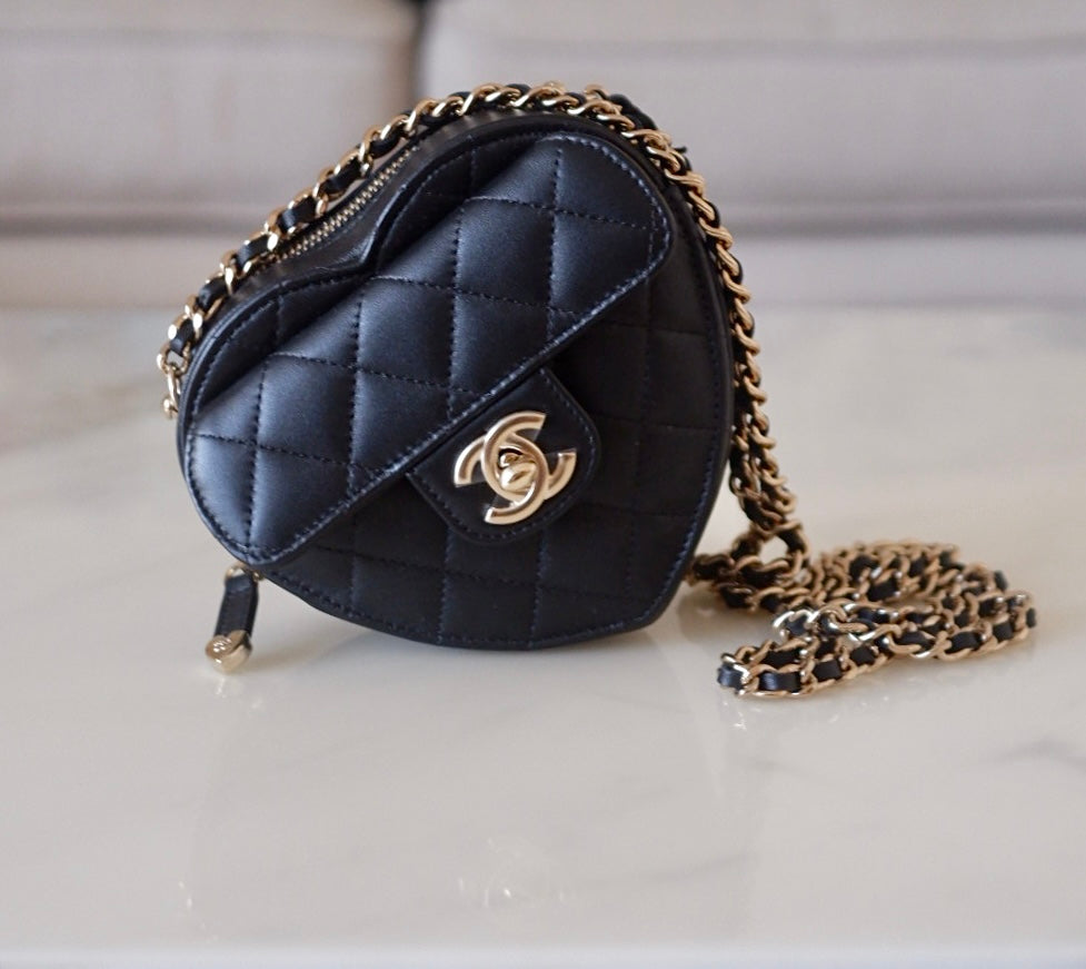 CHANEL 22S Black CC in Love Heart Small Cross-Body Bag Light Gold Hardware