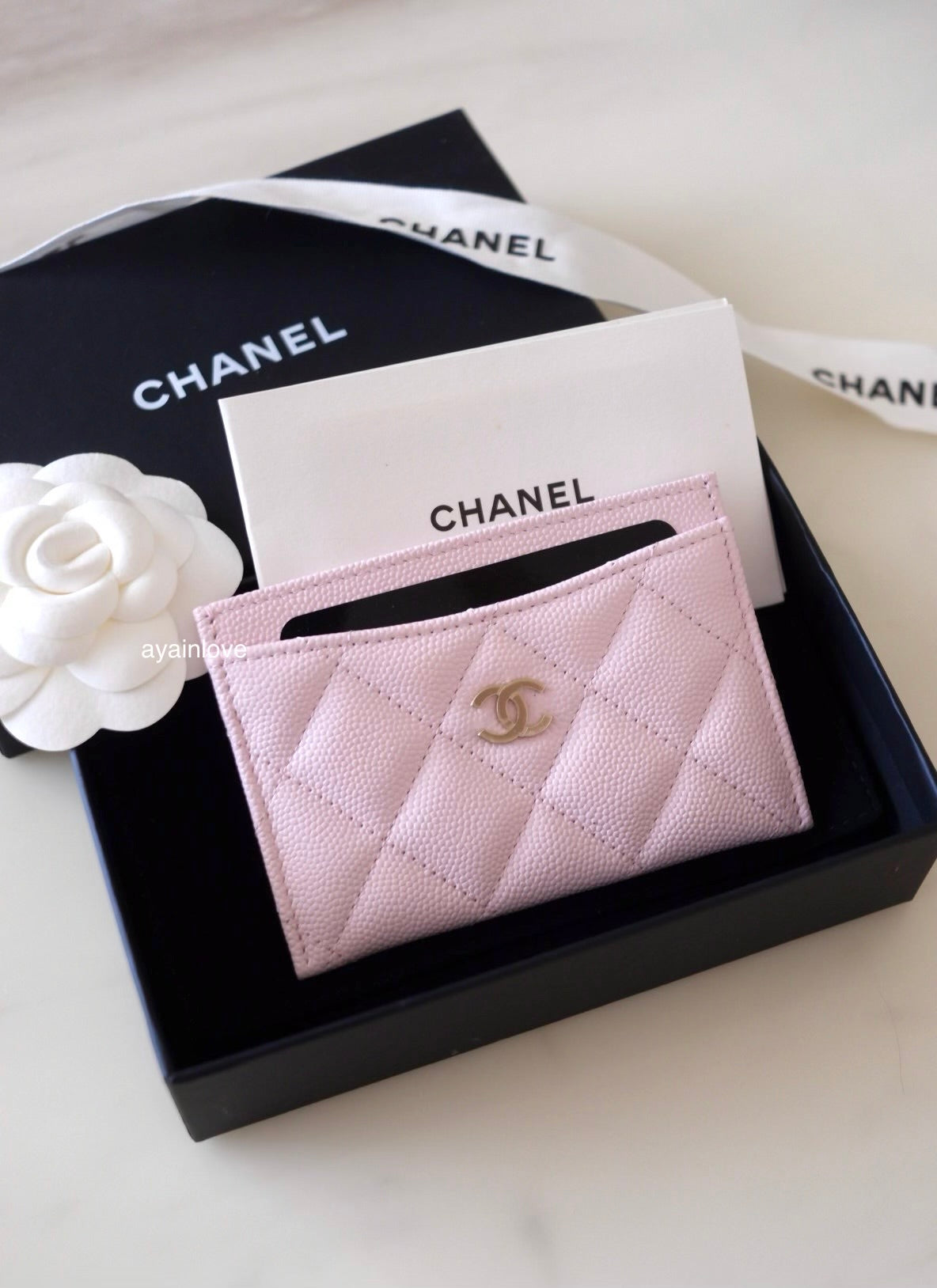 CHANEL 22P Light Pink Rose Clair Caviar Flat Card Holder Light Gold Hardware