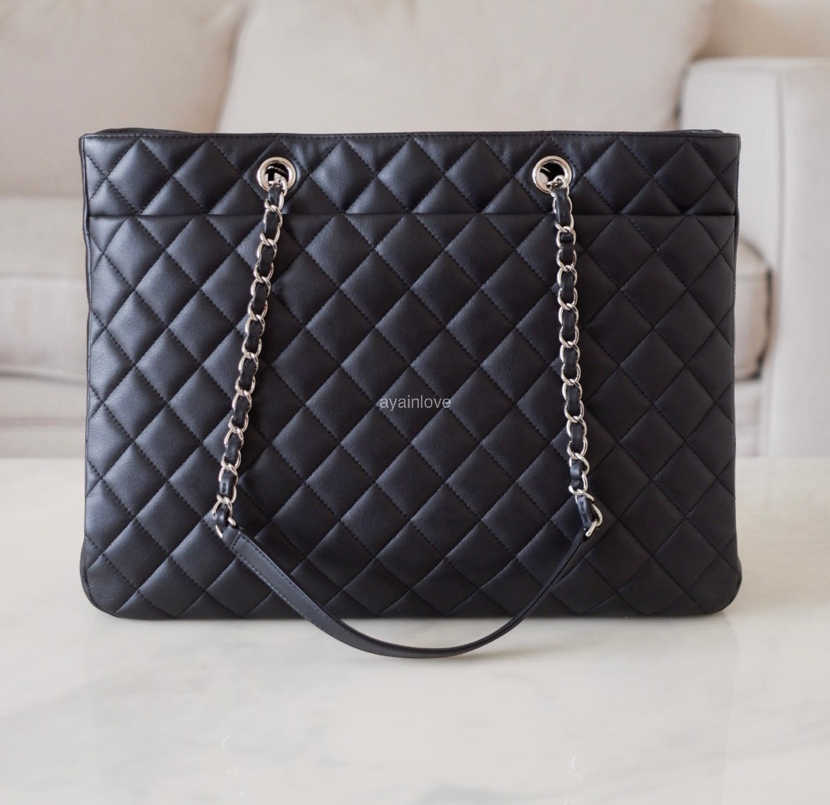 CHANEL Black Quilted Calfskin Tote Bag Classic CC Lock Silver Hardware