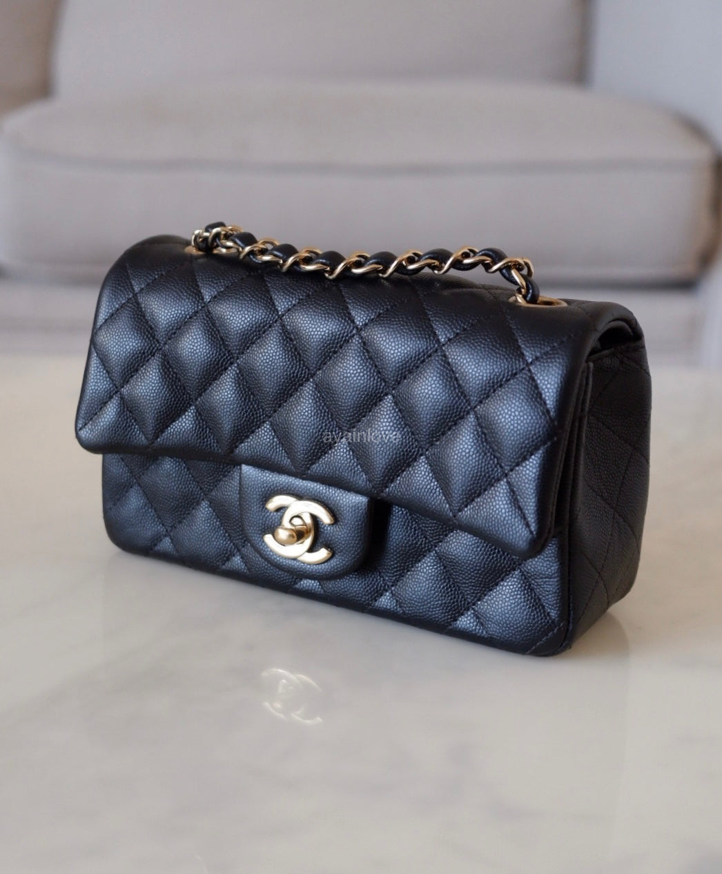 CHANEL 18B Black Caviar Quilted Rectangular Mini Flap Bag Light Gold Hardware