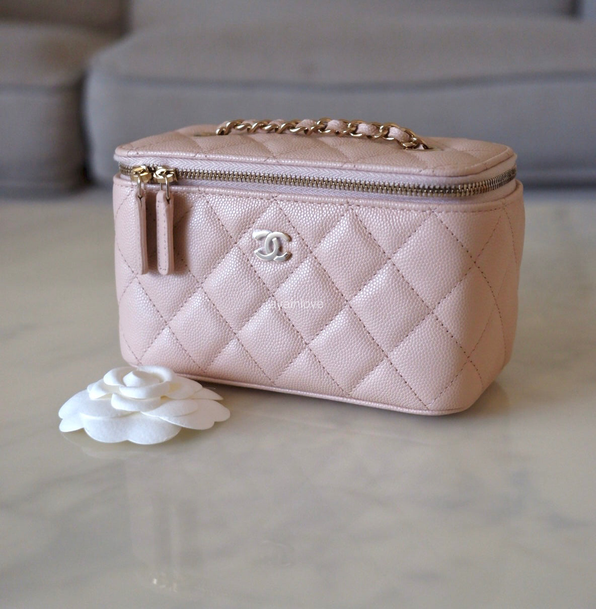 CHANEL 22C Light Beige Caviar Rectangular Vanity On Chain Light Gold Hardware