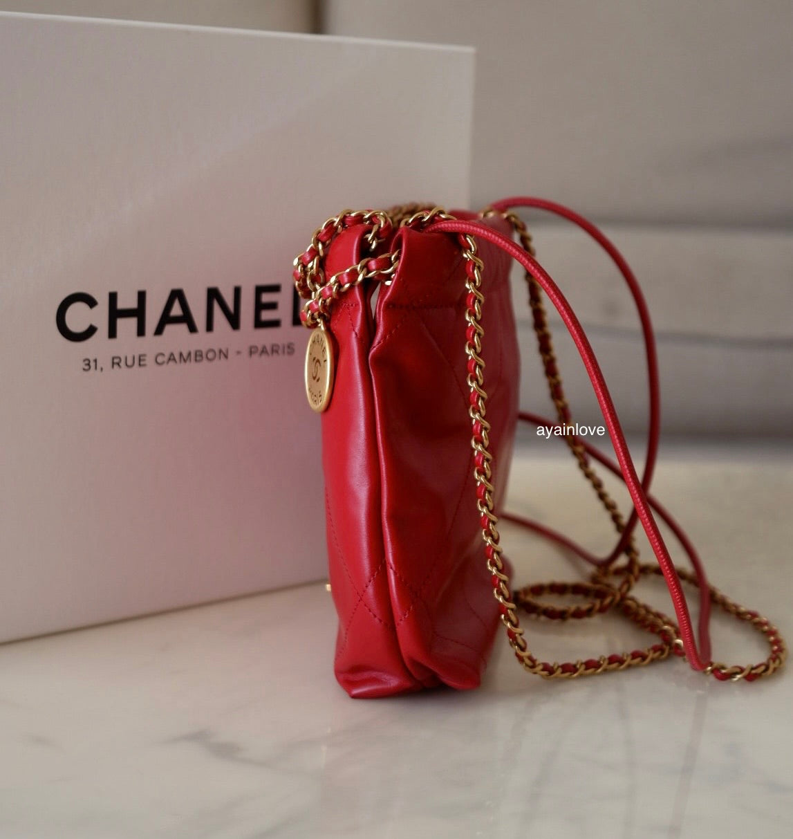 CHANEL Mini 22 Red Shiny Calf Skin Bag Gold Hardware