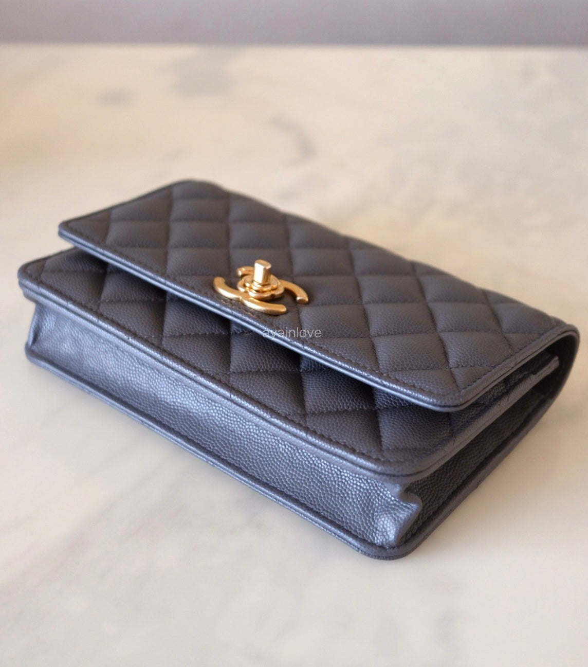 CHANEL 23K Dark Grey Caviar Camellia CC Wallet On Chain *Microchipped* Brushed Gold Hardware