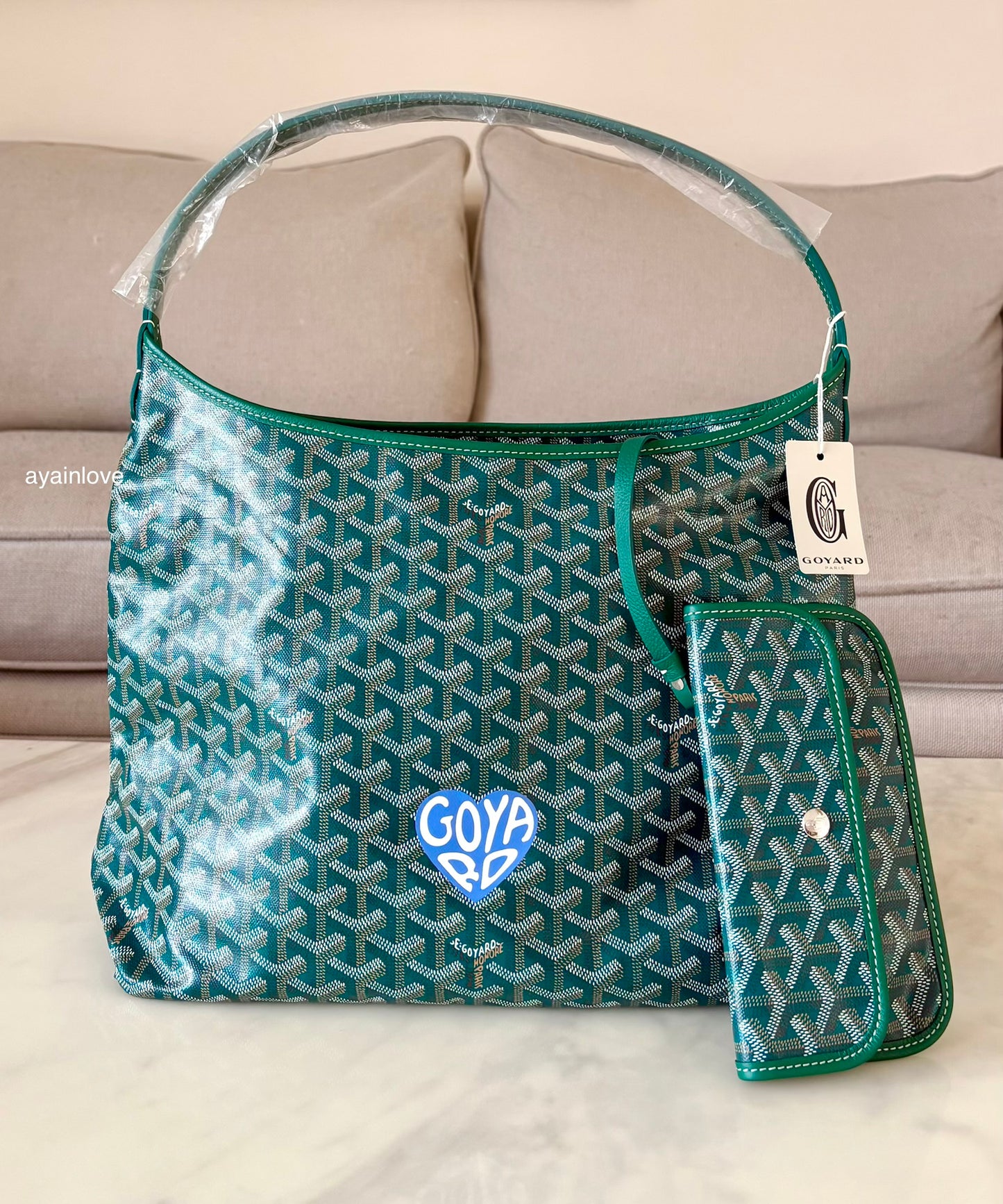 GOYARD Green Goyardine Hobo Boheme PM Bag with Blue Heart Stamp