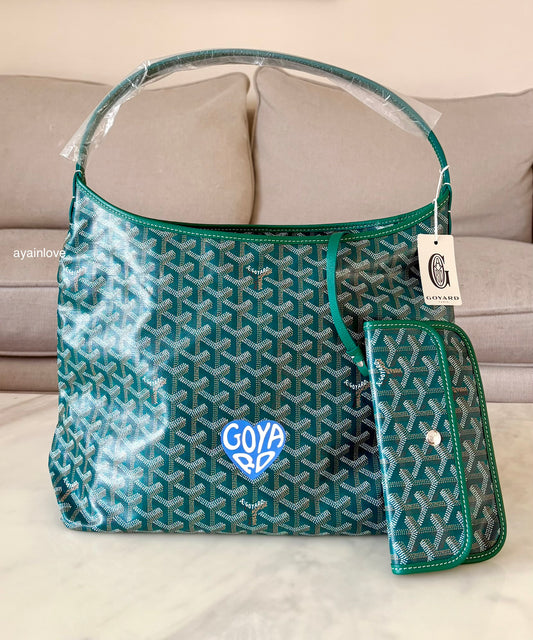 GOYARD Green Goyardine Hobo Boheme PM Bag with Blue Heart Stamp