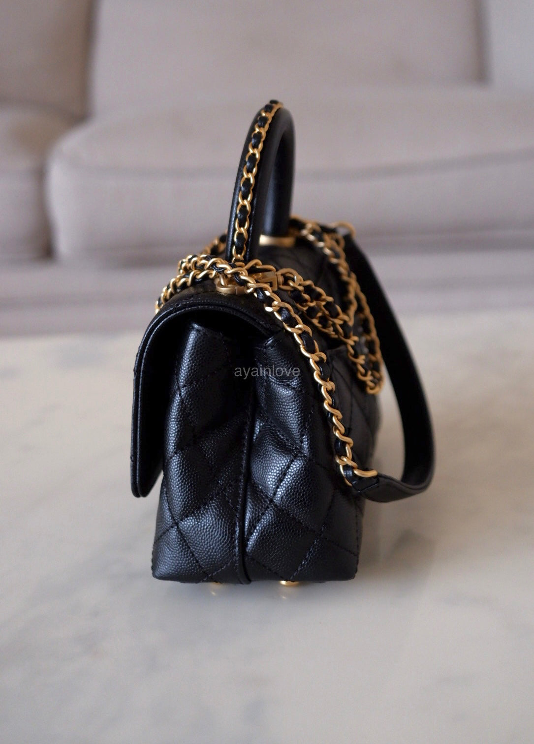 CHANEL Black Caviar Coco Chain Leather Handle Mini 19cm *Microchipped* Brushed Gold Hardware