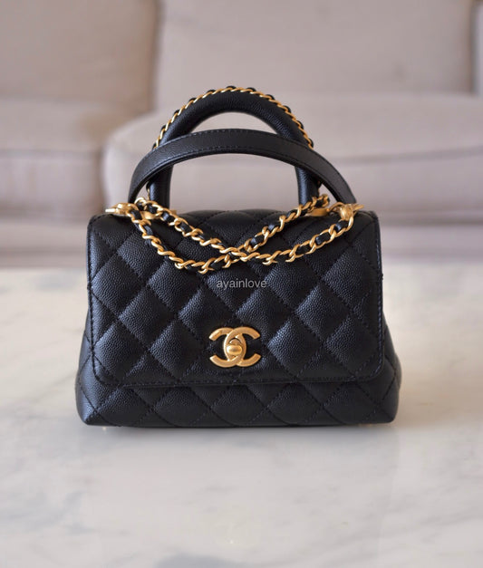 CHANEL Black Caviar Coco Chain Leather Handle Mini 19cm *Microchipped* Brushed Gold Hardware