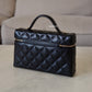 CHANEL Black Caviar Top Handle Flat Vanity on Chain Light Gold Hardware