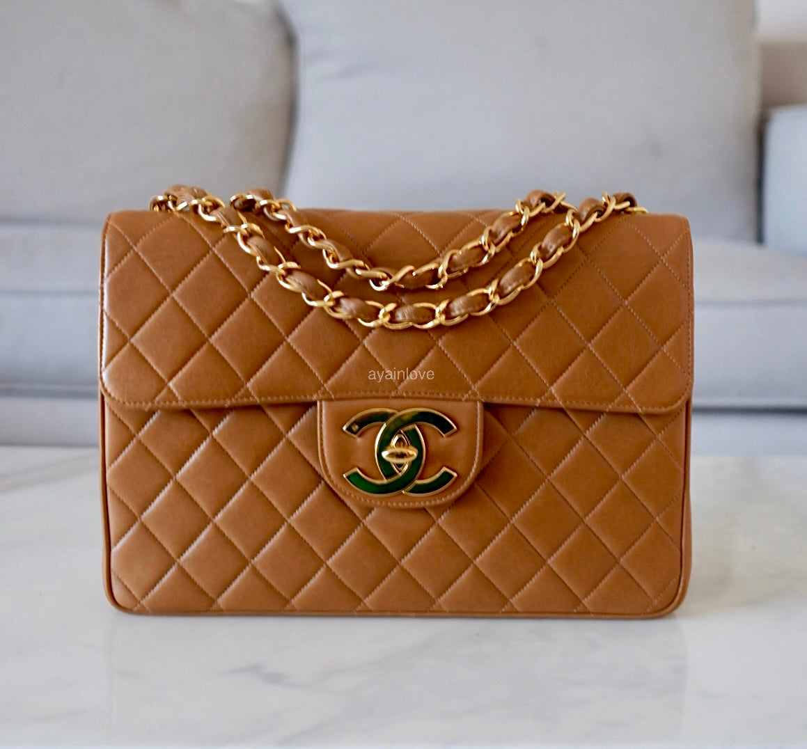CHANEL Vintage Dark Beige Quilted Jumbo Classic Single Flap Oversized CC Bag 24KT Gold Plated Hardware Series 3