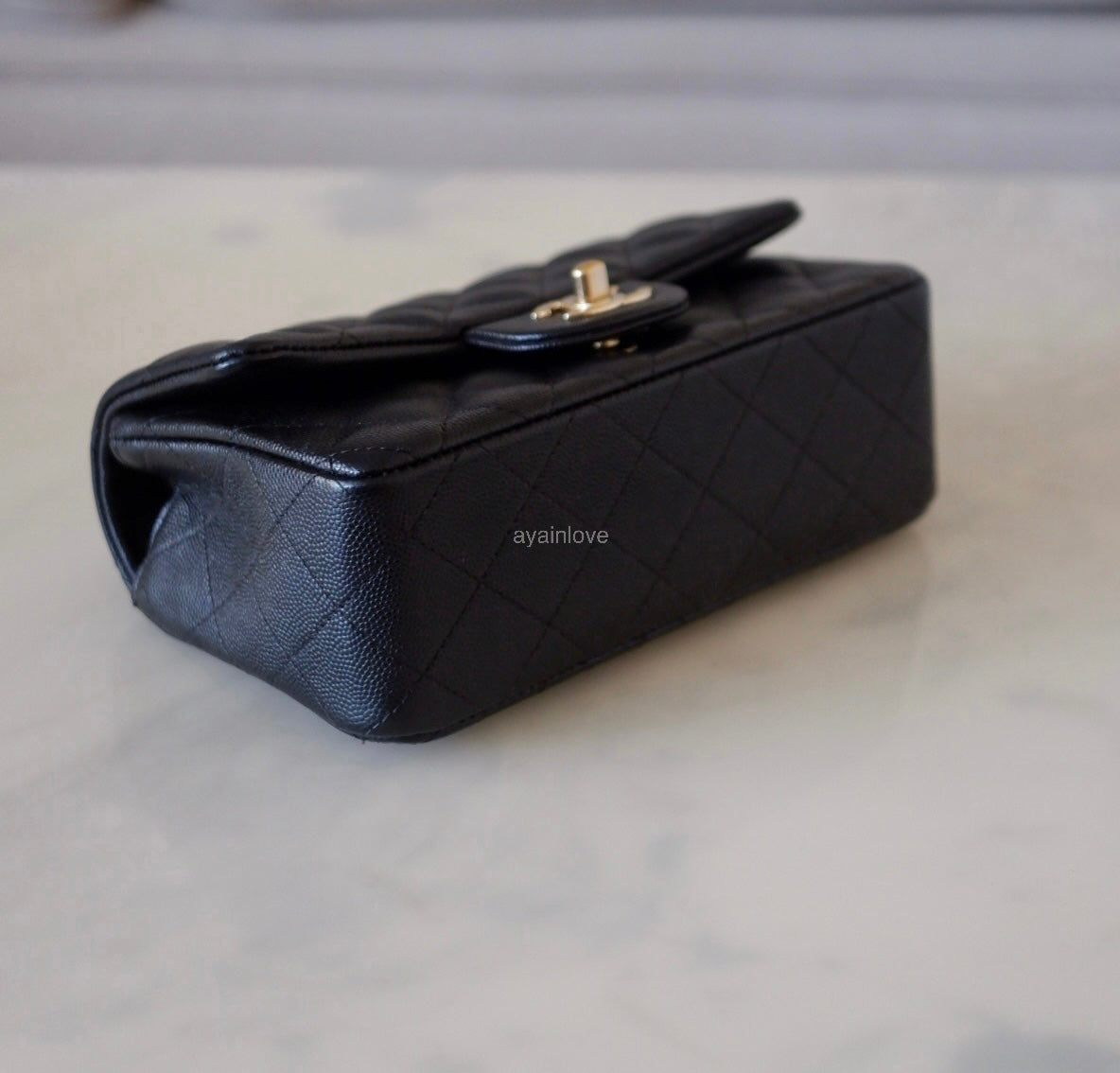 CHANEL 18B Black Caviar Quilted Rectangular Mini Flap Bag Light Gold Hardware