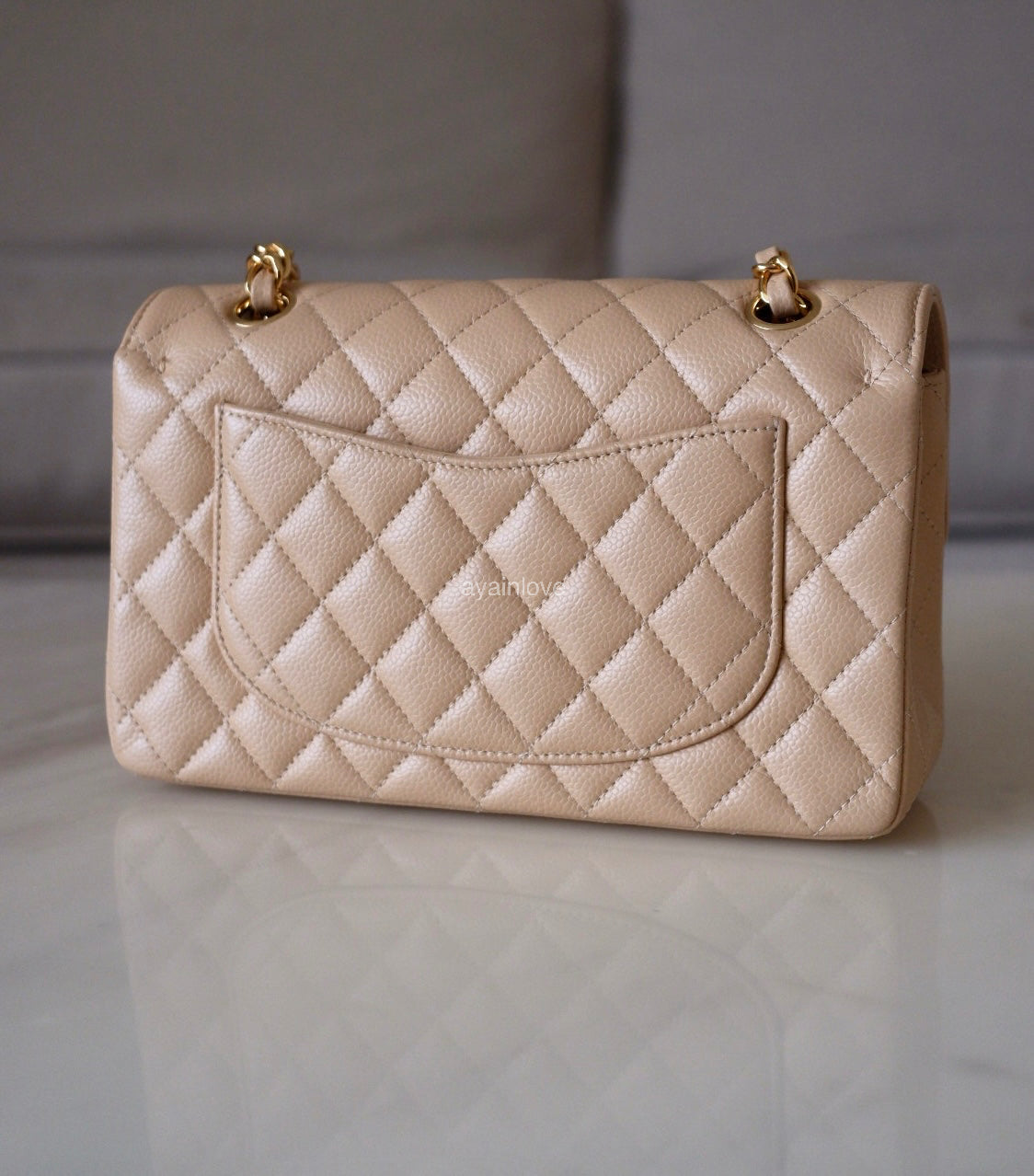 CHANEL Beige Clair Caviar Small Classic Flap Bag Gold Hardware