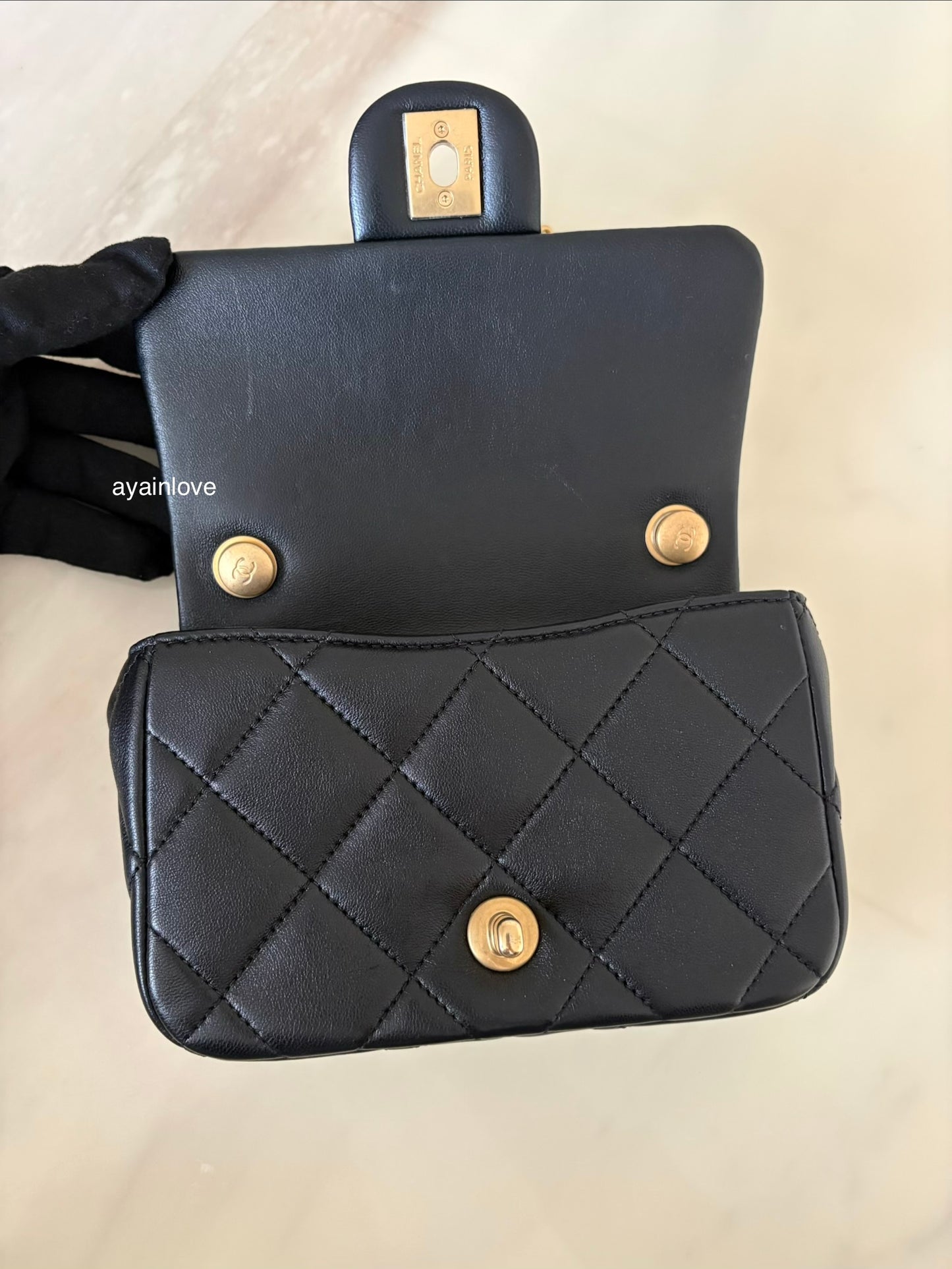 CHANEL 24S Black Lambskin Twin Pearls Quilted Mini Flap Bag Adjustable Gold Hardware