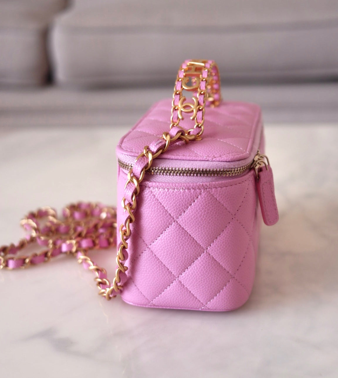 CHANEL 22S Pick Me Up Pink Caviar Top Handle Vanity Brushed Gold Hardware