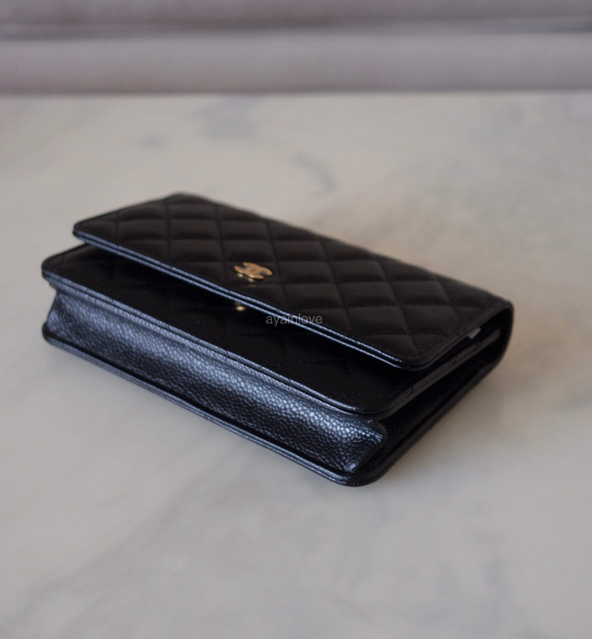 CHANEL Black Caviar Microchipped Classic Wallet On Chain Gold Hardware